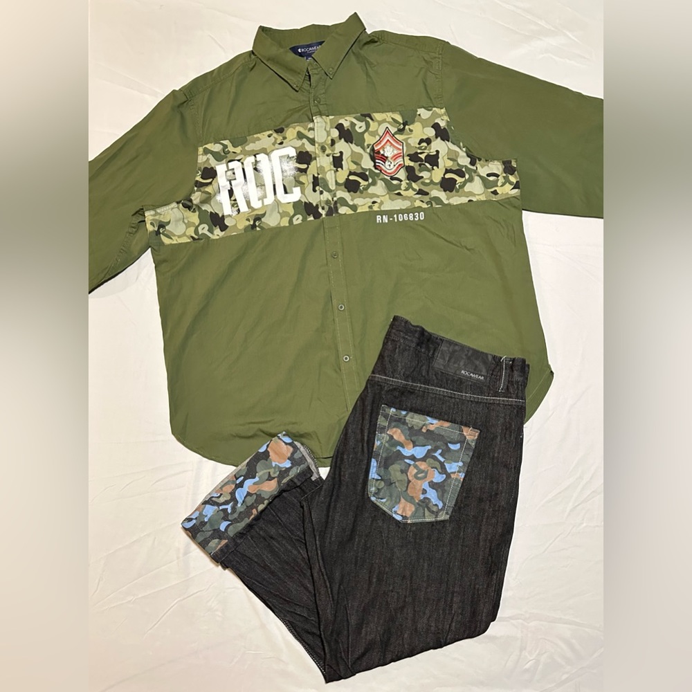 Vintage Rocawear camo green shirt 3XL & camo black jeans 42 SET